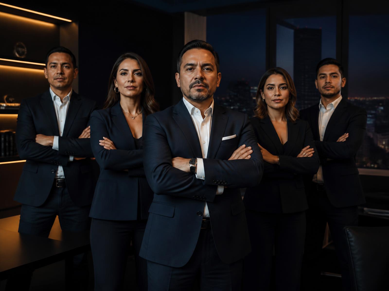 Equipo directivo hispano en una oficina corporativa